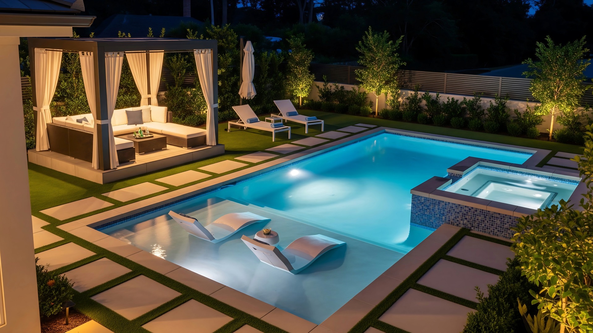 Freeform inground pool with a stone waterfall