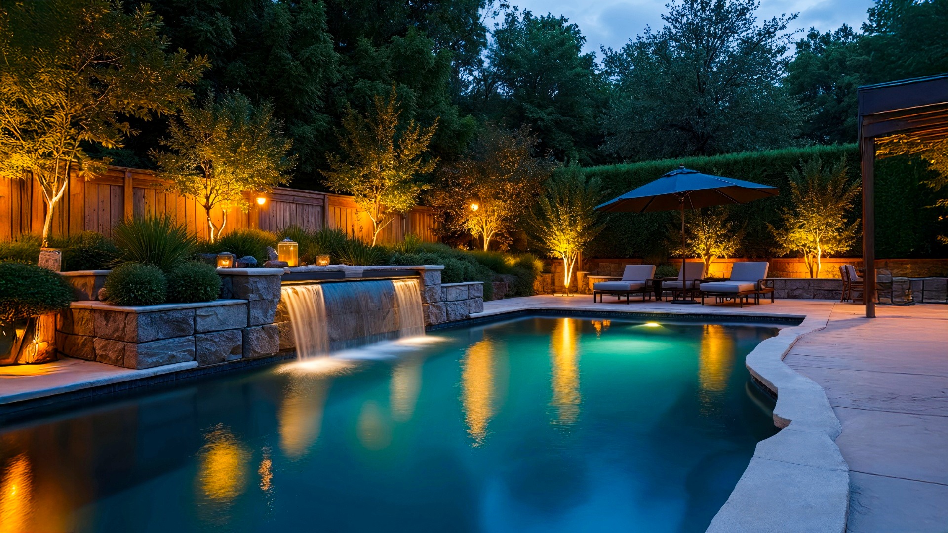 Inground pool with a raised spa, a waterfall, and a stone patio